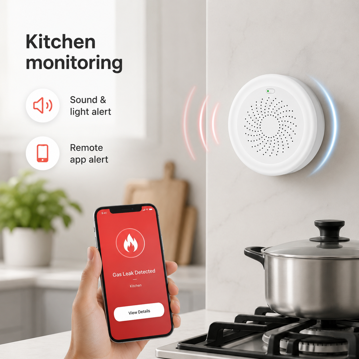 Kitchen monitoring image with sound, light and remote app alert