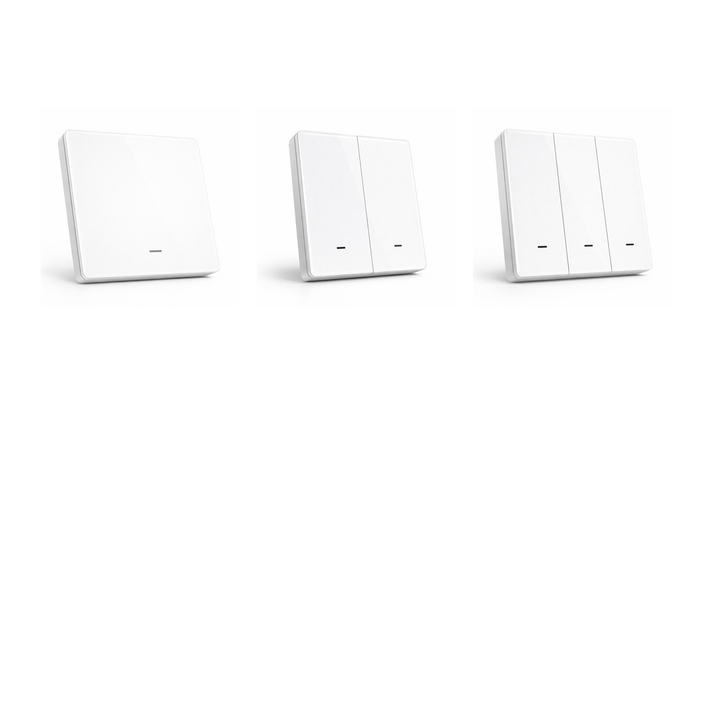 Variantes 1 à 3 canaux de l’interrupteur de scénarios NéoScene 3 Comfort V2 ZigBee blanc sur fond blanc studio