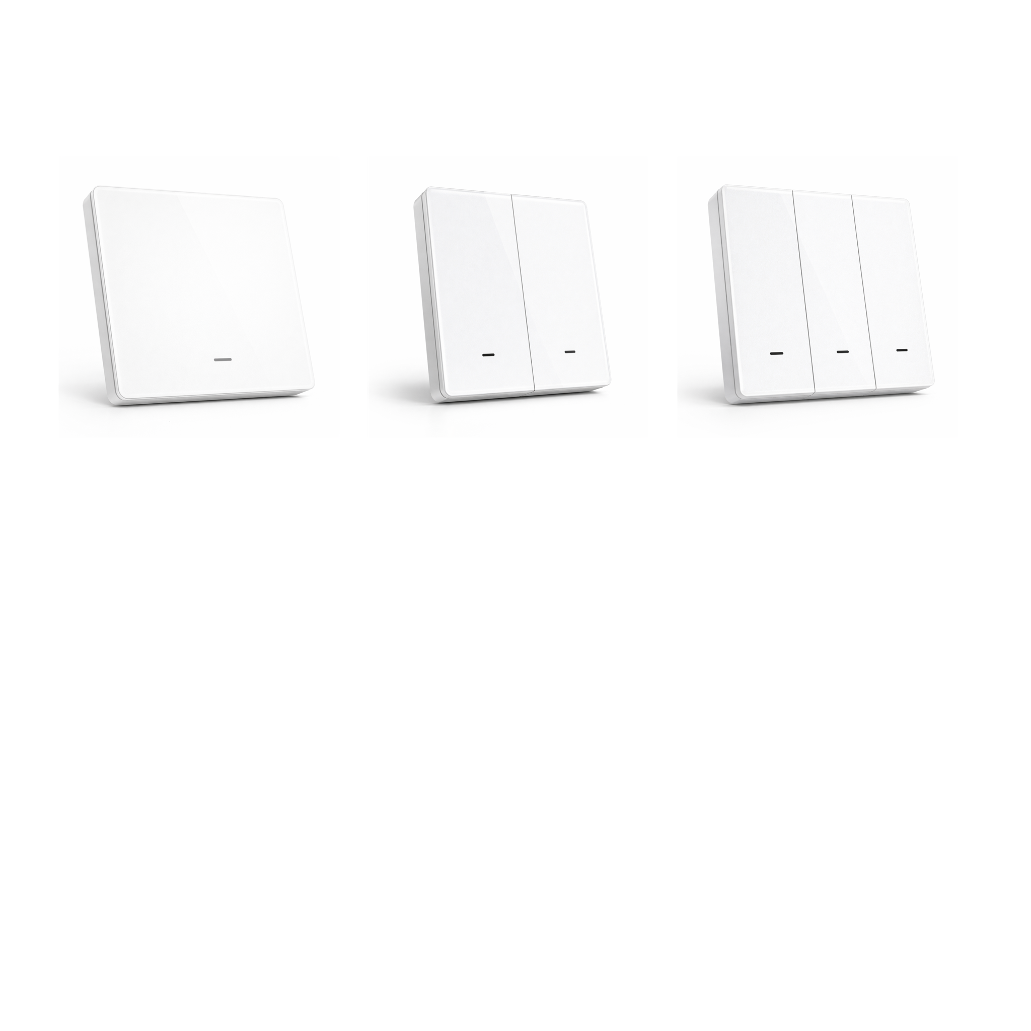 Variantes 1 à 3 canaux de l’interrupteur de scénarios NéoScene 3 Comfort V2 ZigBee blanc sur fond blanc studio