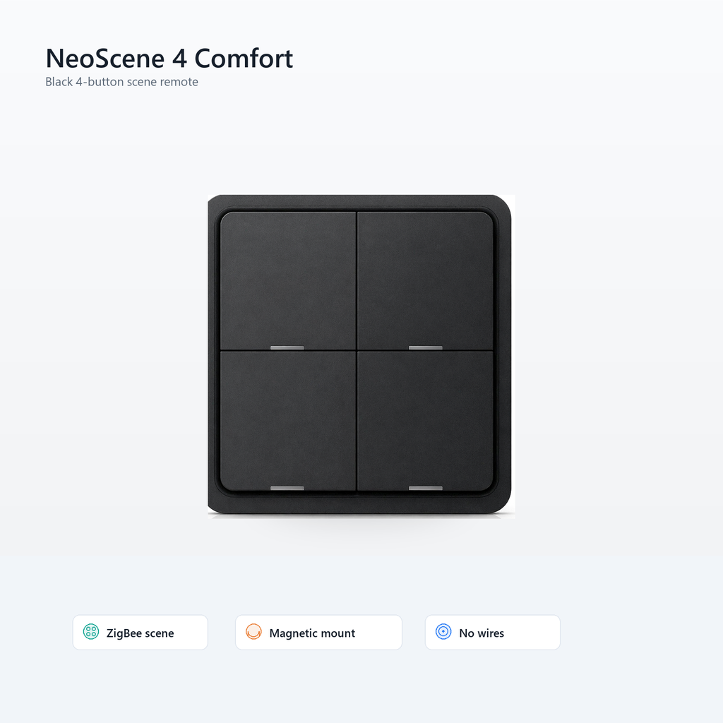 Studio packshot of black NéoScene 4 Comfort four-button ZigBee remote
