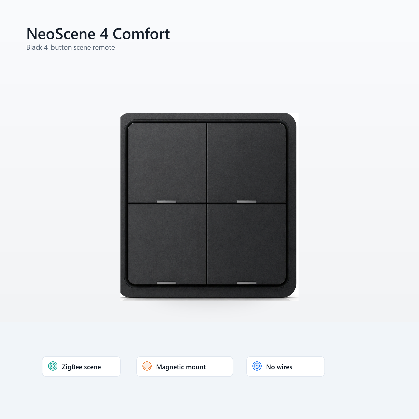Studio packshot of black NéoScene 4 Comfort four-button ZigBee remote