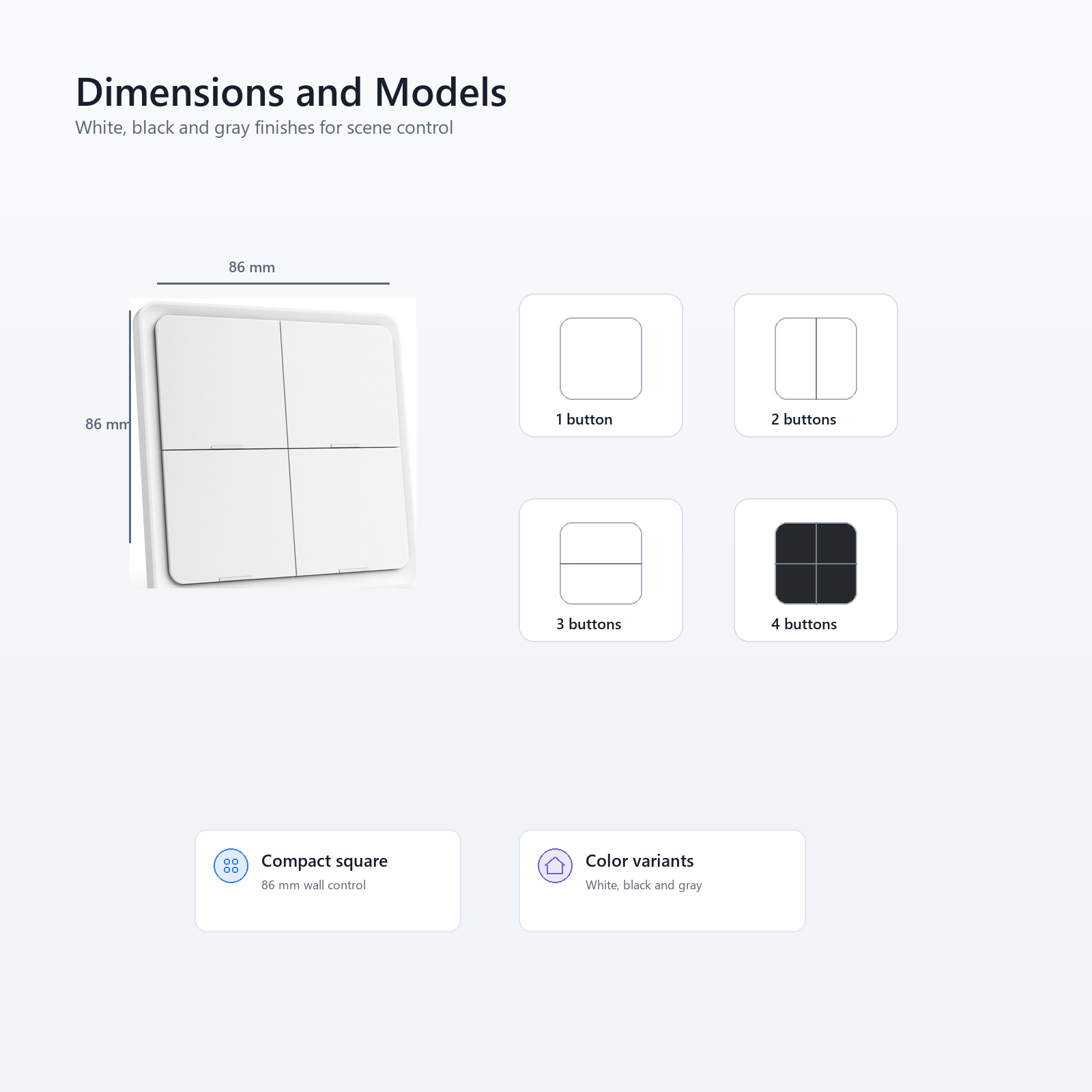 Dimensions and model variants overview for NéoScene 4 Comfort scene remote