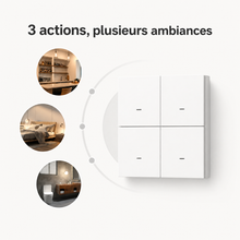 NéoScene 4 Comfort, télécommande de scénarios Zigbee installée au mur dans un salon moderne.