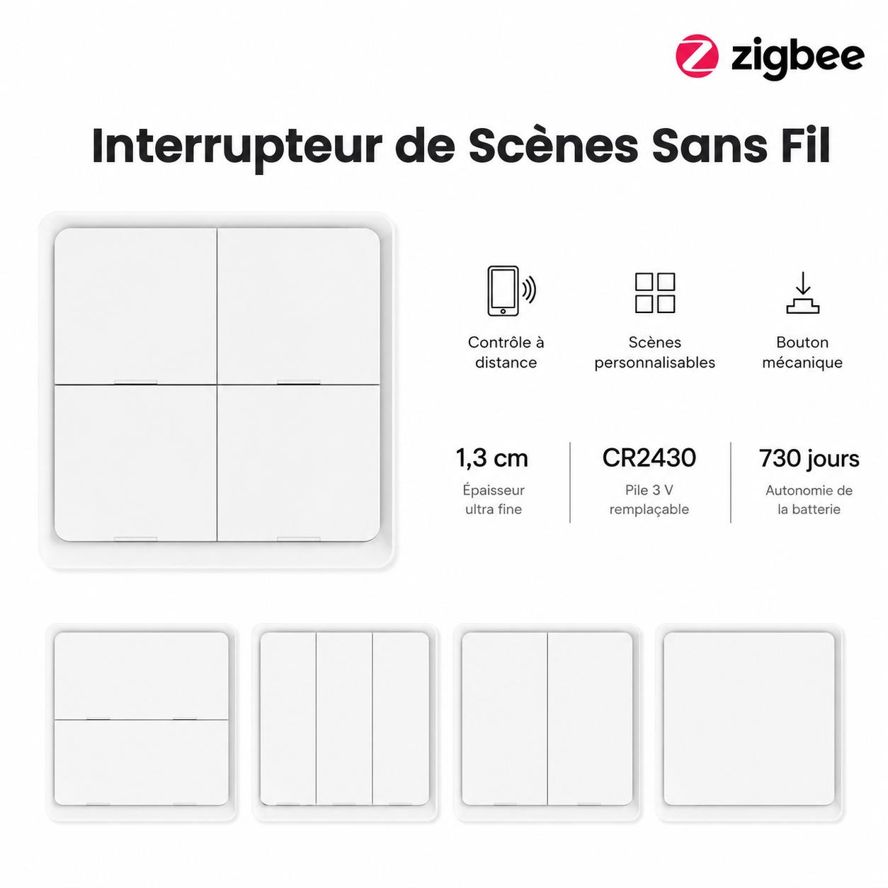 NéoScene 4 Comfort, interrupteur de scènes sans fil Zigbee 4 boutons avec pile CR2430 et autonomie 730 jours