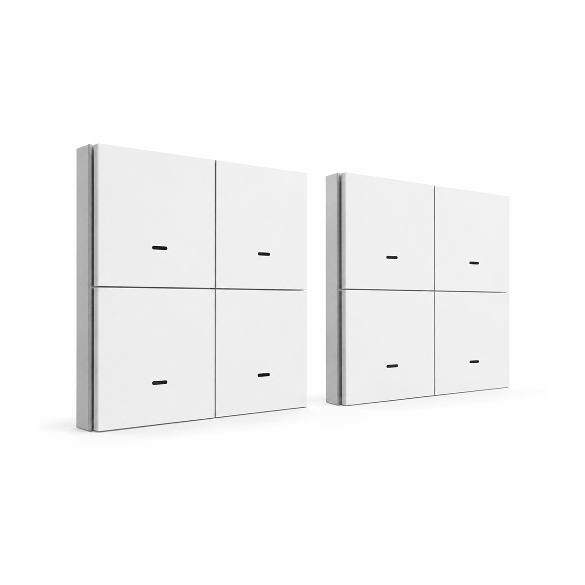 Lot de deux télécommandes NéoScene 4 Comfort blanches à quatre boutons sur fond blanc.