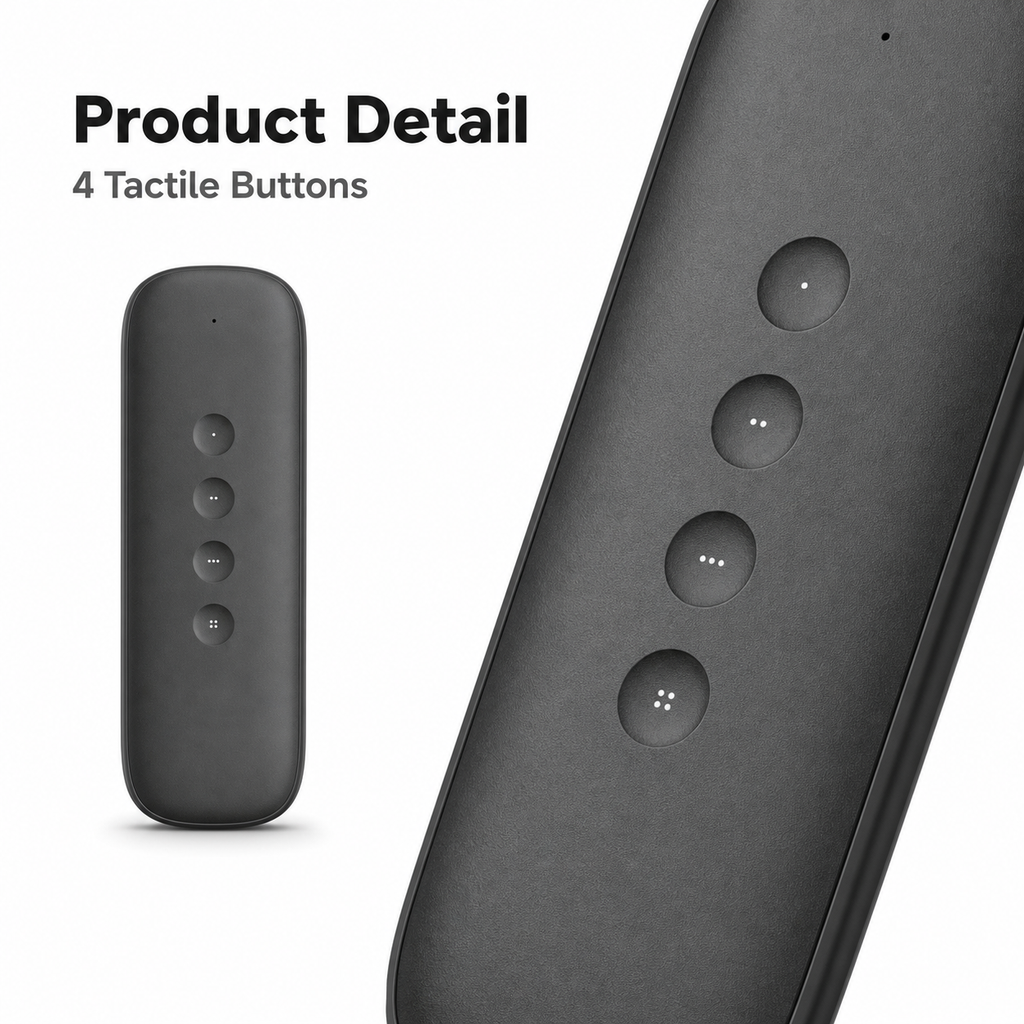 Product detail close-up of four tactile buttons on black scene remote