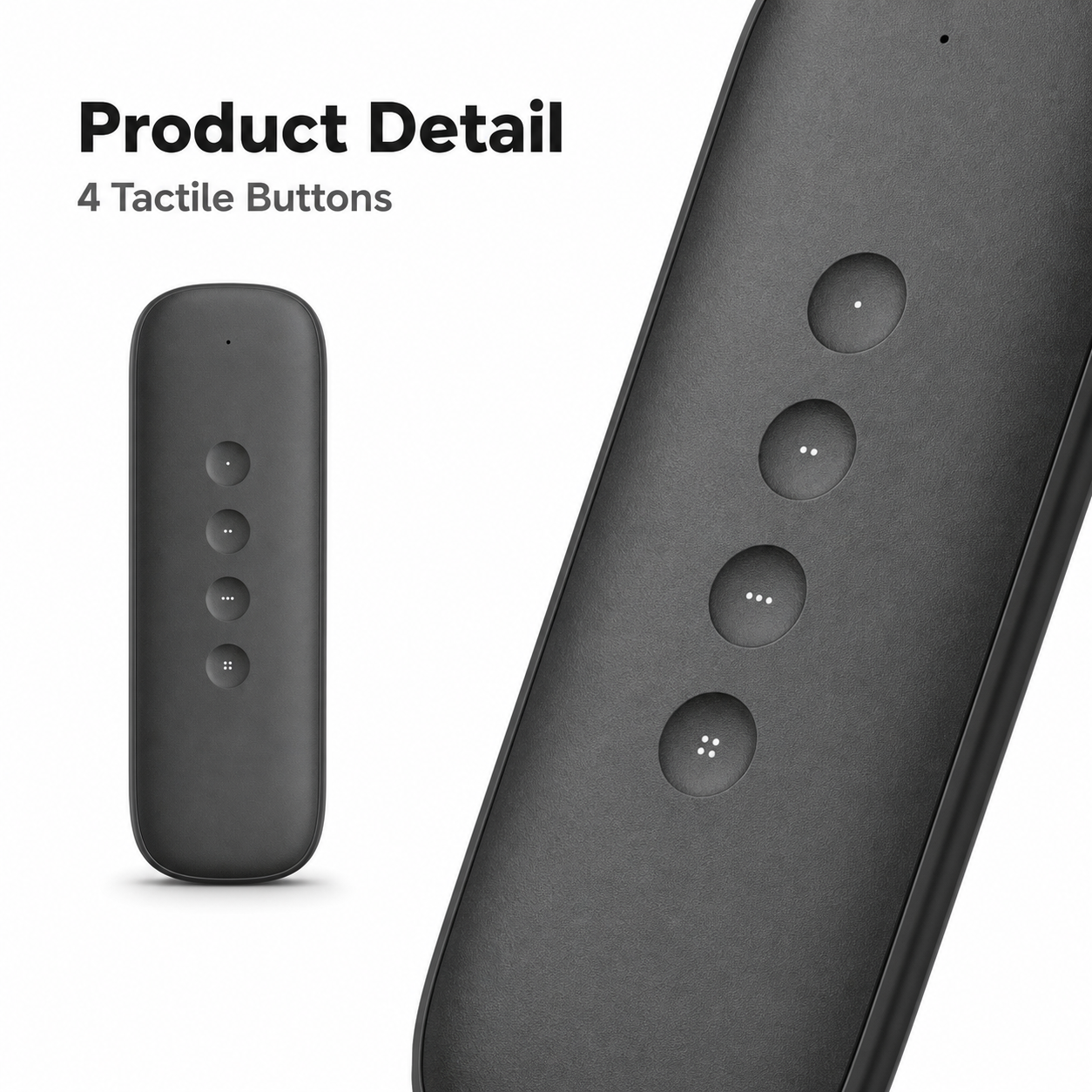 Product detail close-up of four tactile buttons on black scene remote
