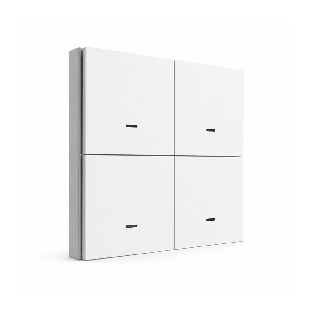 Télécommande de scénarios NéoScene 4 Comfort blanche à quatre boutons sur fond blanc.