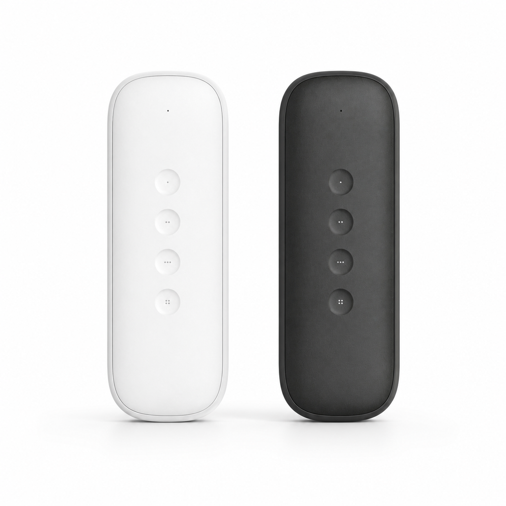Télécommandes ZigBee 4 boutons blanche et gris foncé sur fond blanc studio