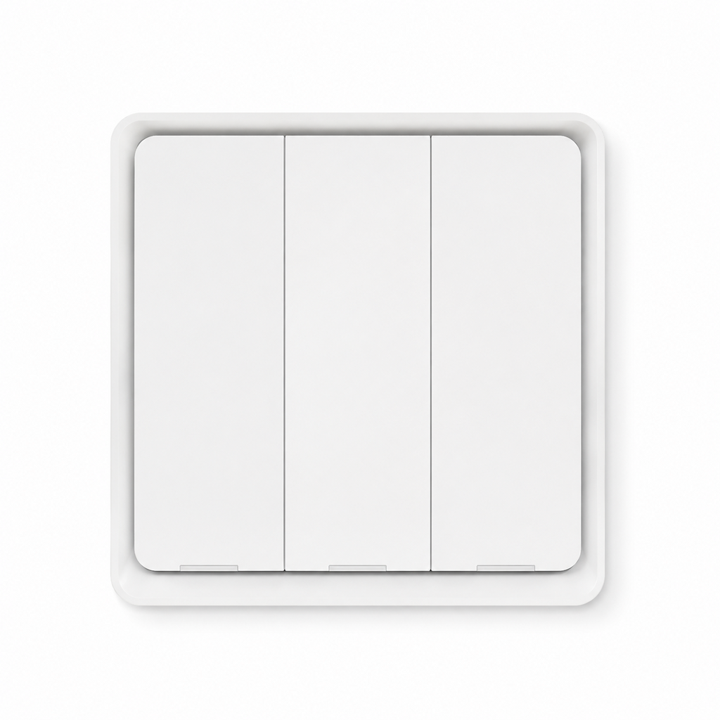 Studio packshot of white three-gang magnetic scene switch