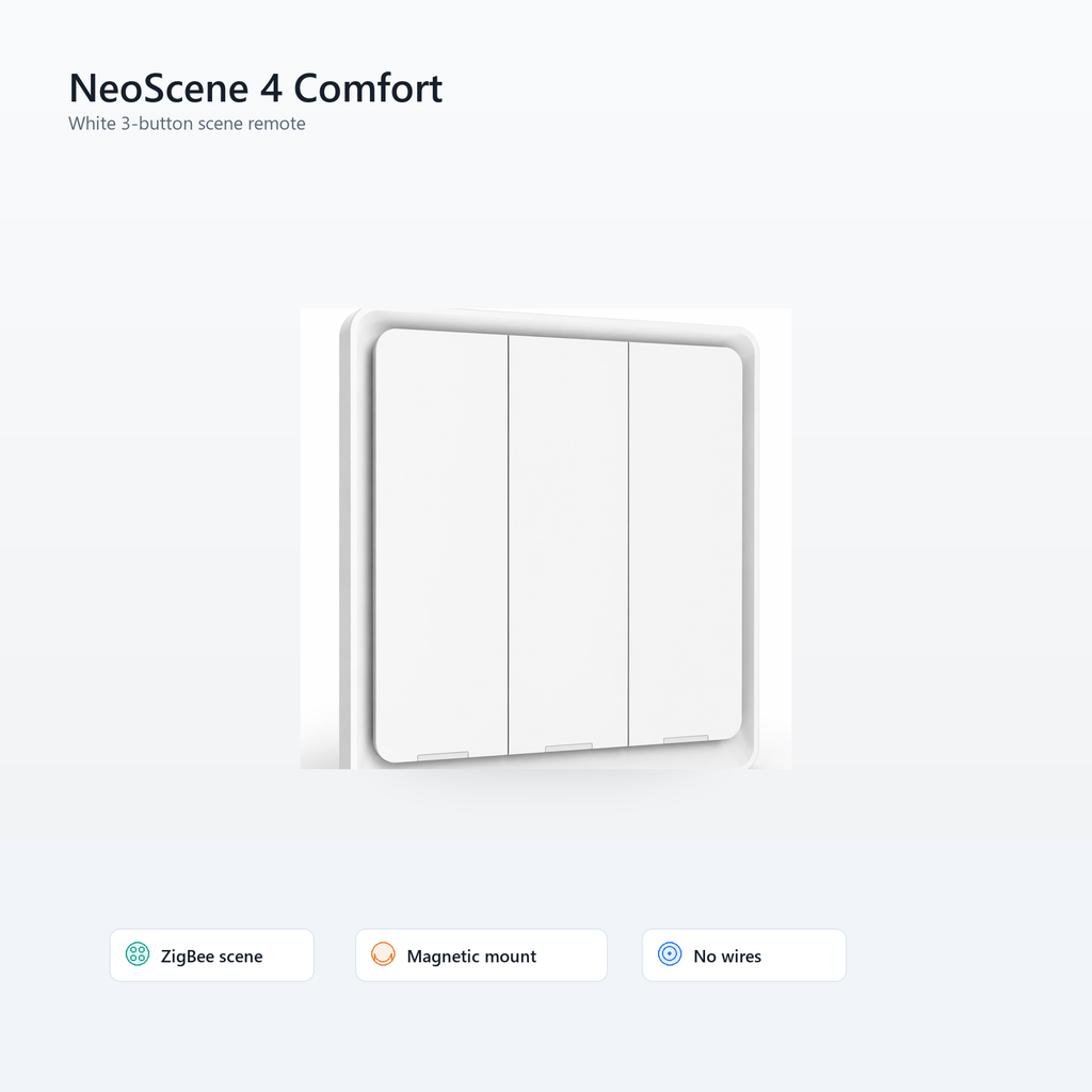 Studio packshot of white NéoScene 4 Comfort three-button ZigBee remote
