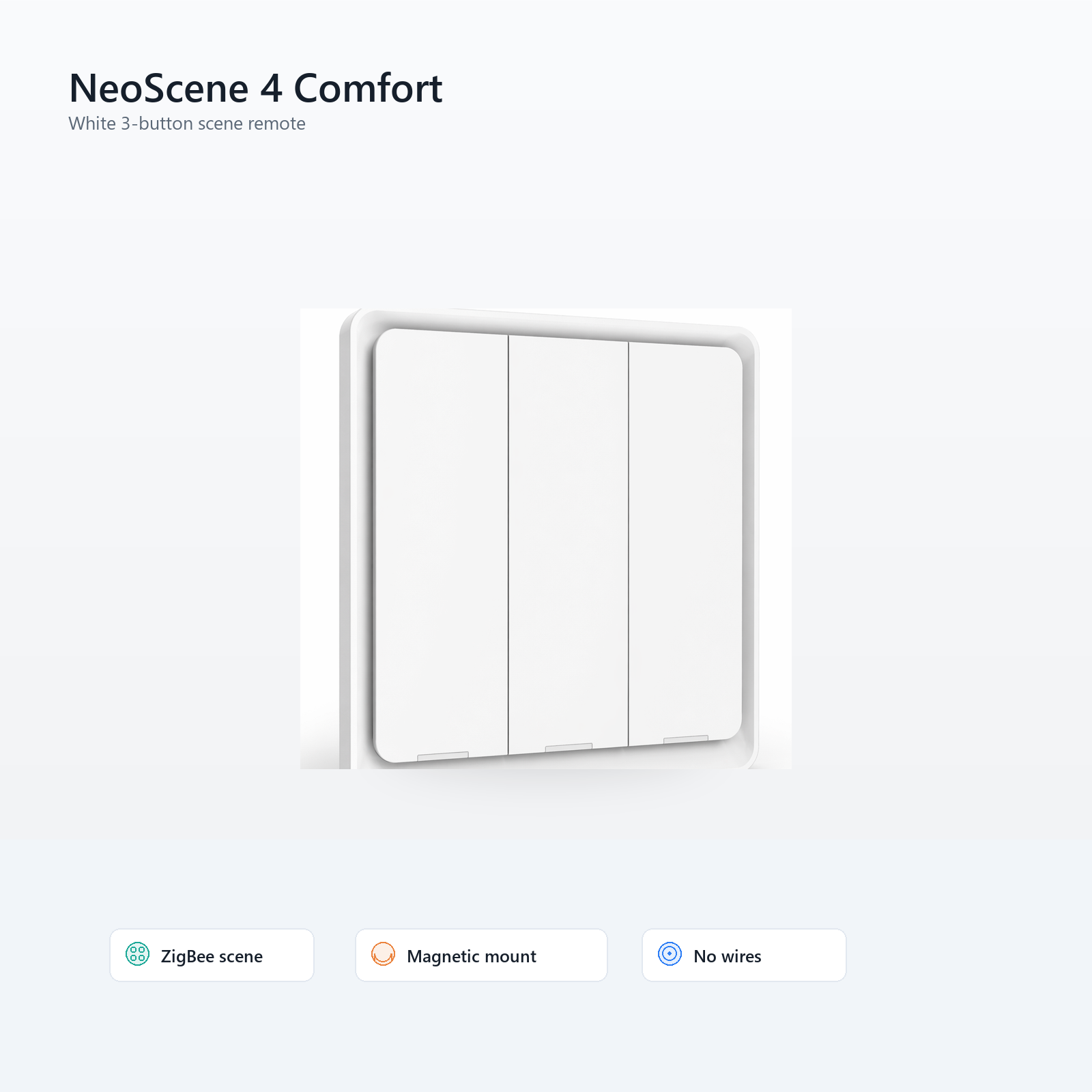 Studio packshot of white NéoScene 4 Comfort three-button ZigBee remote