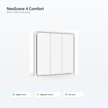 Studio packshot of white NéoScene 4 Comfort three-button ZigBee remote