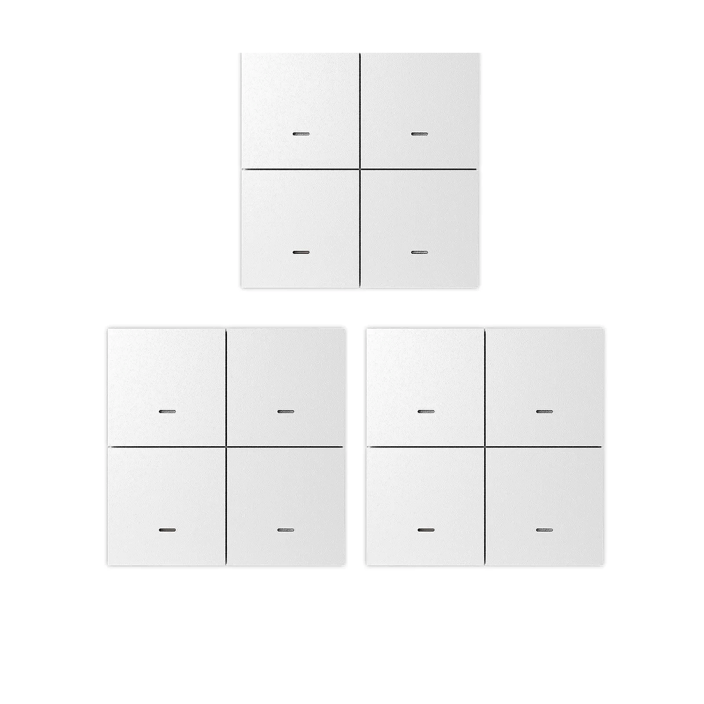 Lot de trois télécommandes ZigBee NéoScene 4 Pro Comfort sur fond blanc.