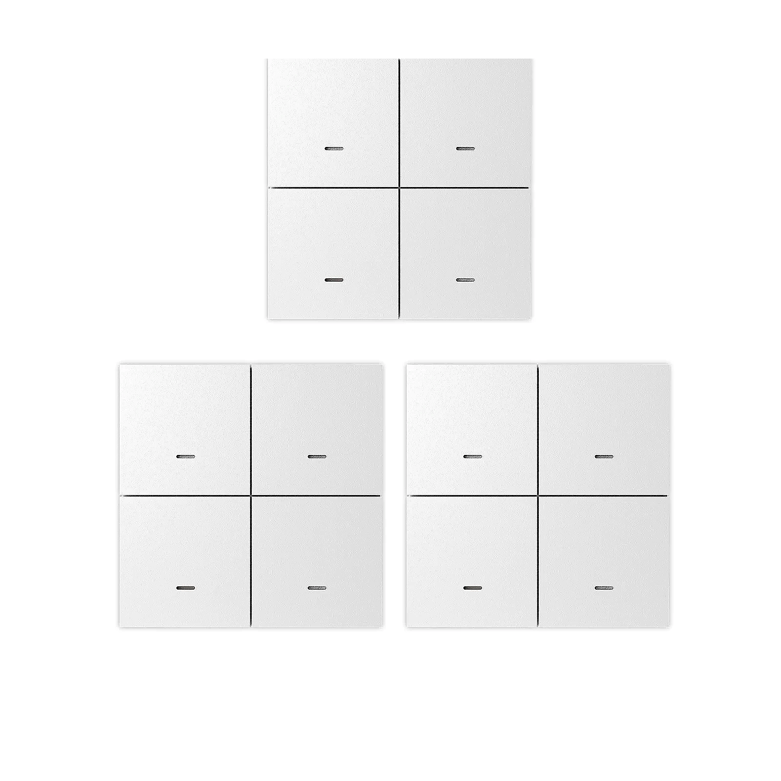 Lot de trois télécommandes ZigBee NéoScene 4 Pro Comfort sur fond blanc.