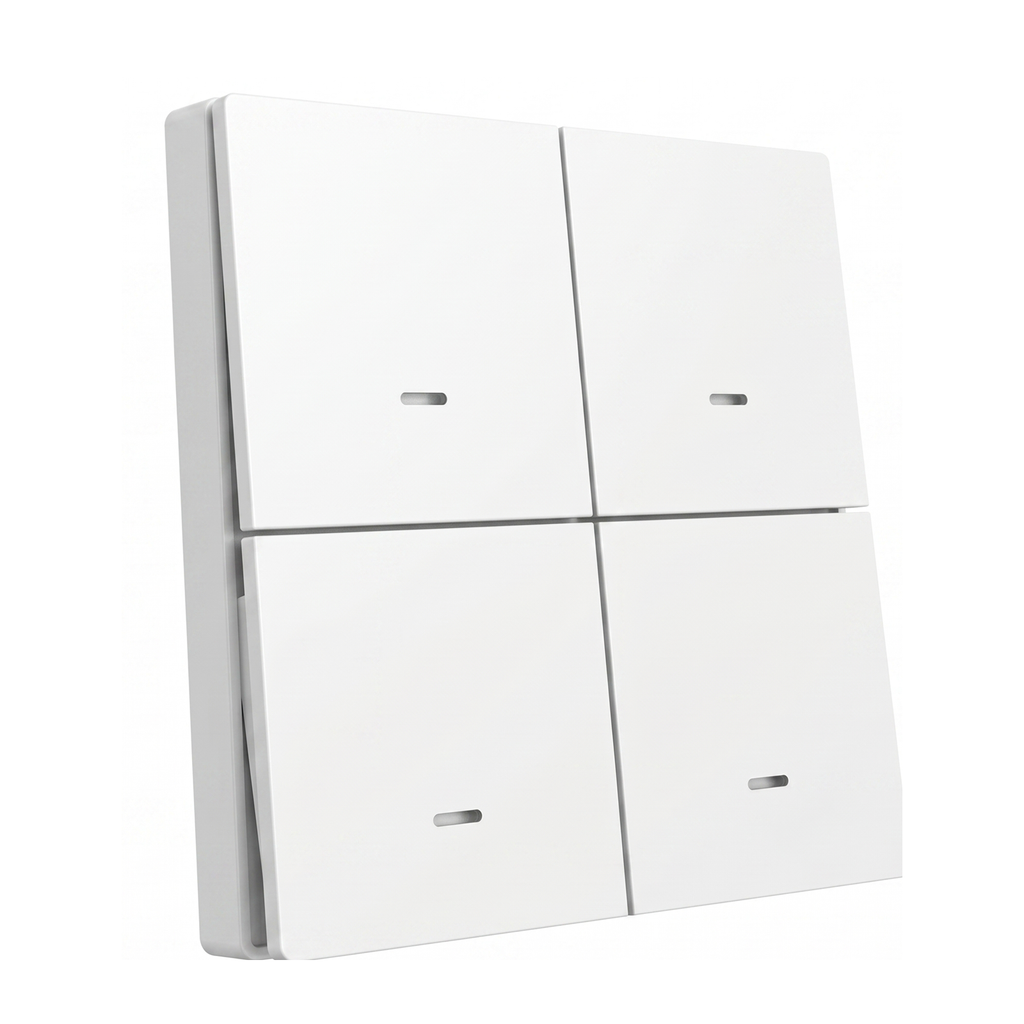 Télécommande de scénarios ZigBee NéoScene 4 Pro Comfort à quatre boutons en vue angled sur fond blanc.
