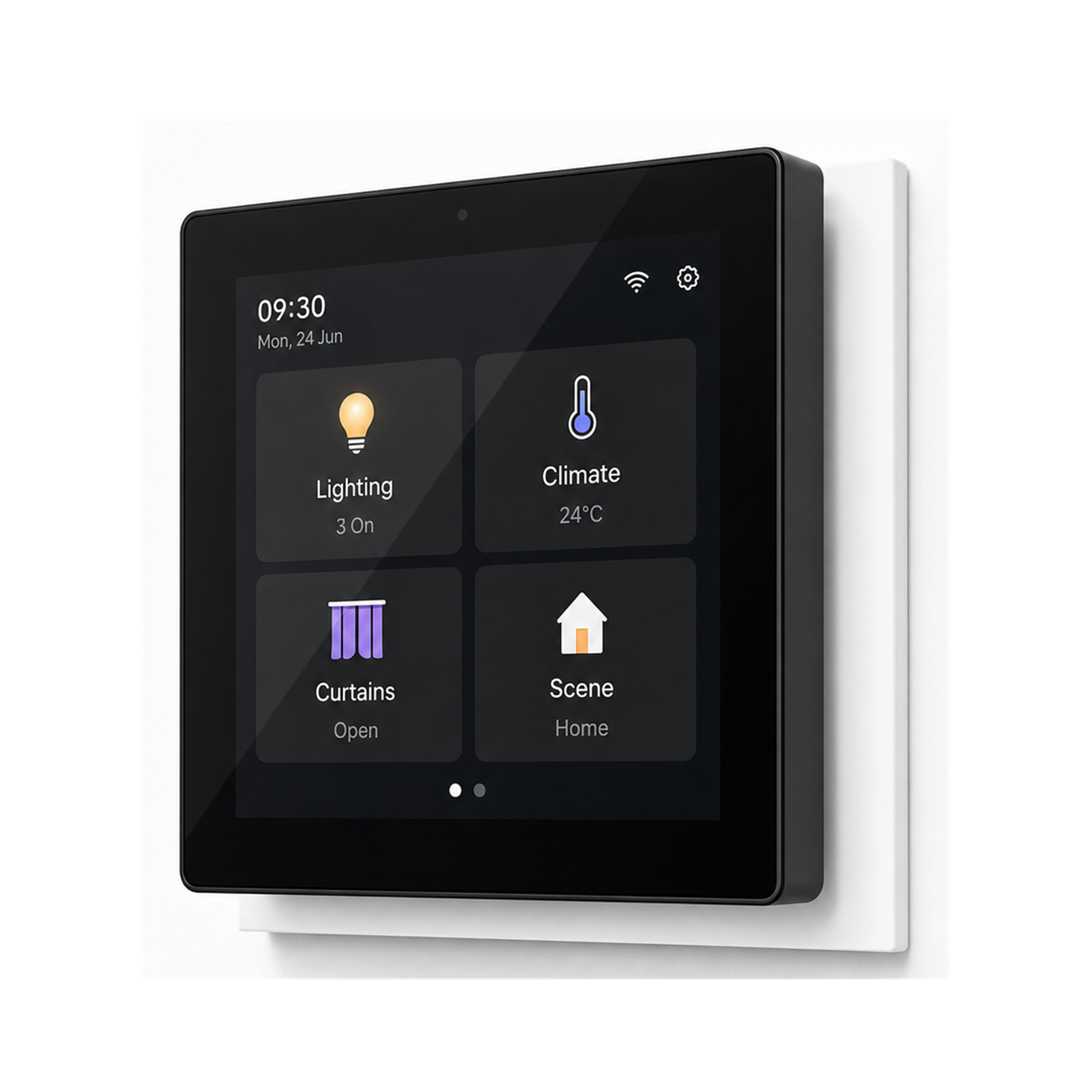 Commande murale de scènes ZigBee NéoScene Comfort avec écran 4 pouces sur fond blanc.