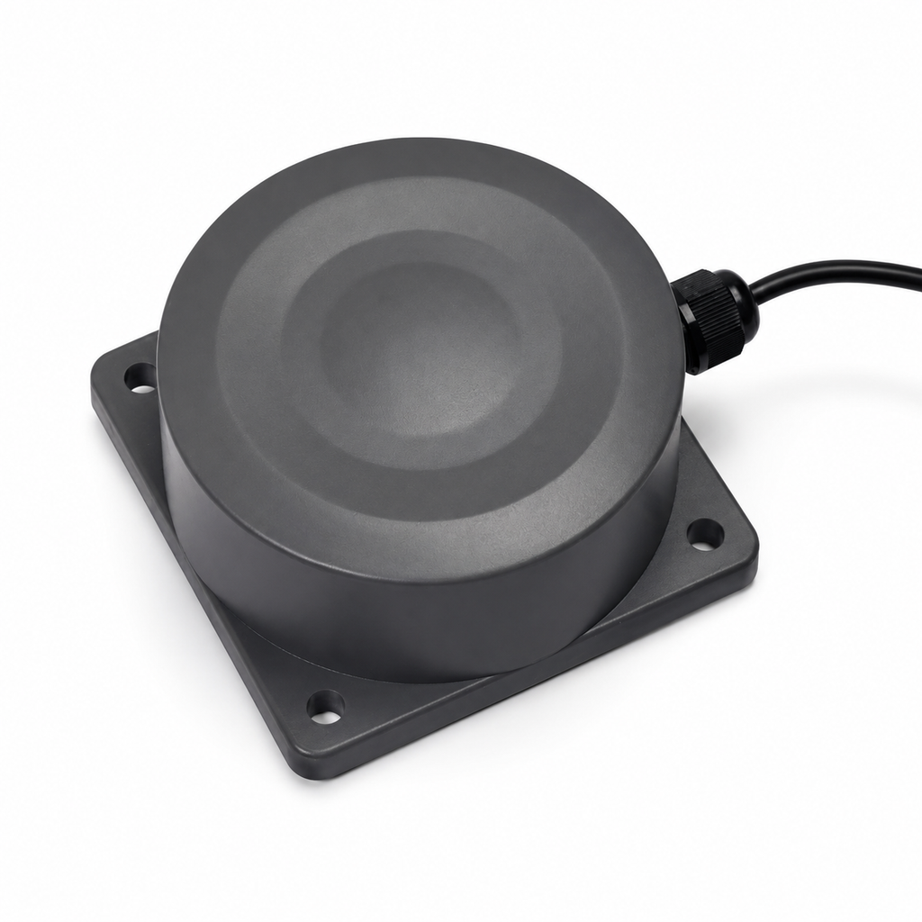 Studio packshot of ultrasonic liquid level sensor with cable and mounting base