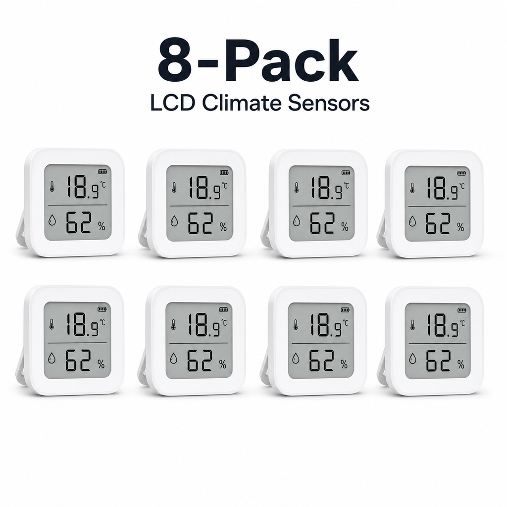 Eight-pack studio image of LCD climate sensors