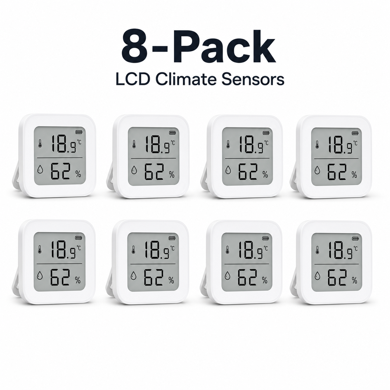 Eight-pack studio image of LCD climate sensors