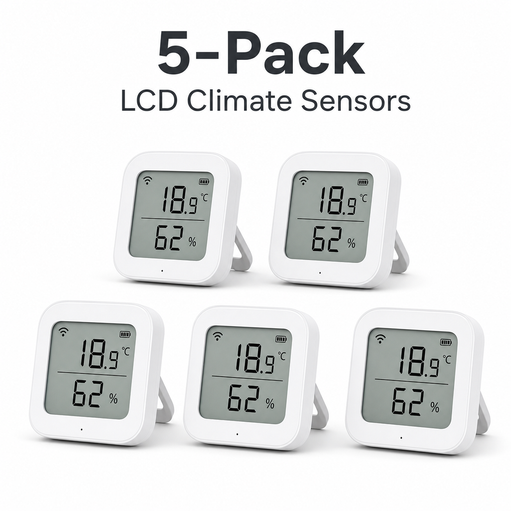 Five-pack studio image of LCD climate sensors