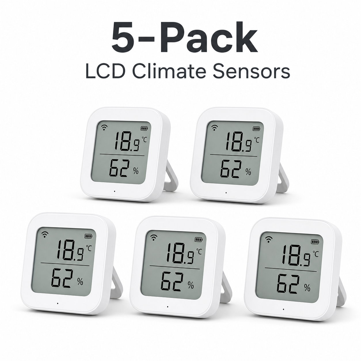 Five-pack studio image of LCD climate sensors