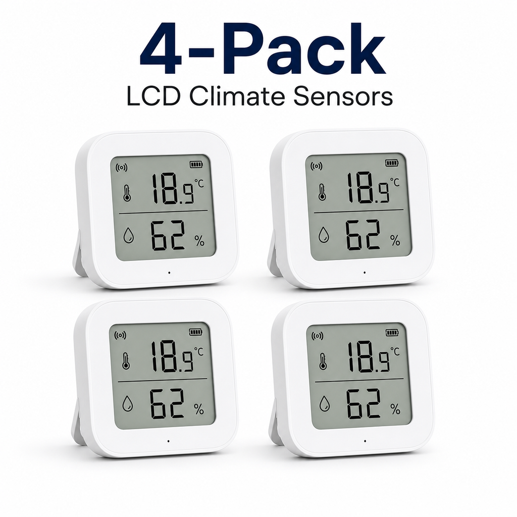 Four-pack studio image of LCD climate sensors
