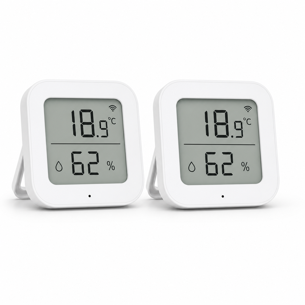 Lot de 2 capteurs température humidité ZigBee NéoSense Climate LCD Pro sur fond blanc