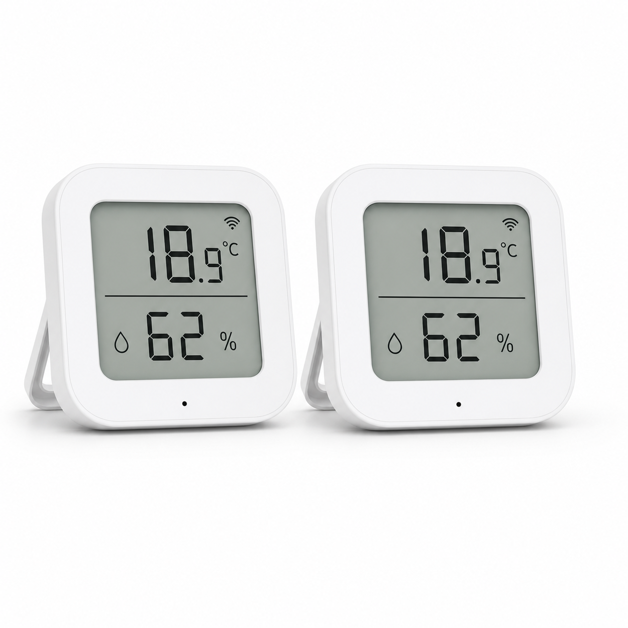 Lot de 2 capteurs température humidité ZigBee NéoSense Climate LCD Pro sur fond blanc