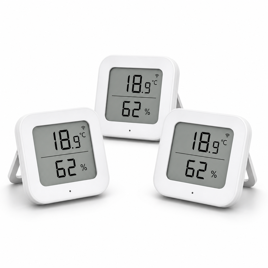 Lot de 3 capteurs température humidité ZigBee NéoSense Climate LCD Pro sur fond blanc