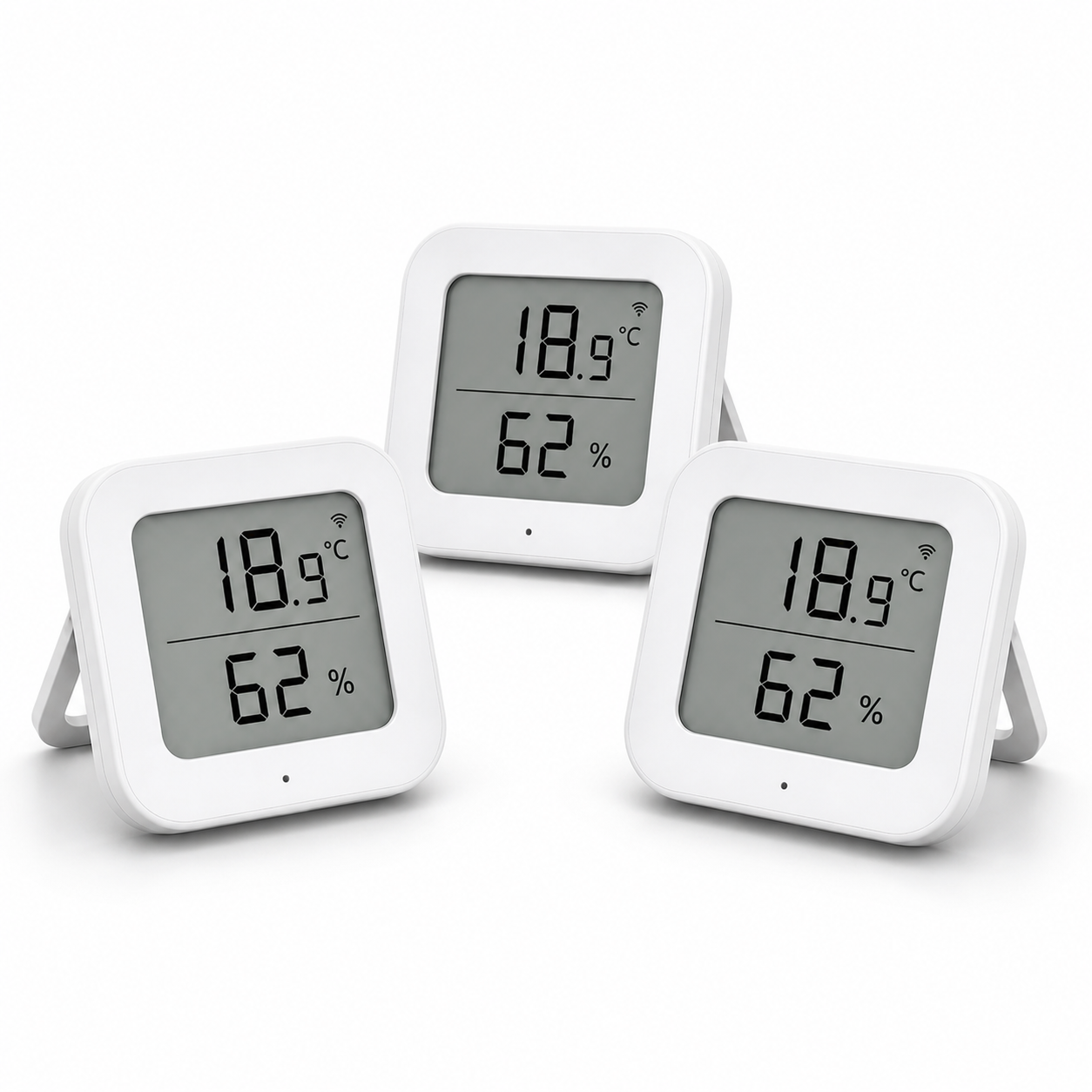 Lot de 3 capteurs température humidité ZigBee NéoSense Climate LCD Pro sur fond blanc