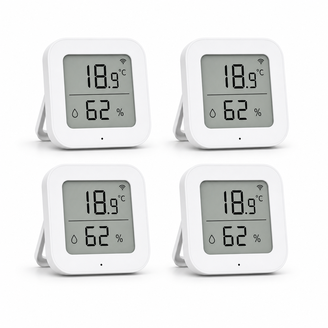 Lot de 4 capteurs température humidité ZigBee NéoSense Climate LCD Pro sur fond blanc