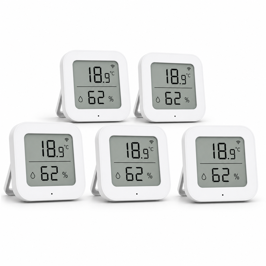 Lot de 5 capteurs température humidité ZigBee NéoSense Climate LCD Pro sur fond blanc