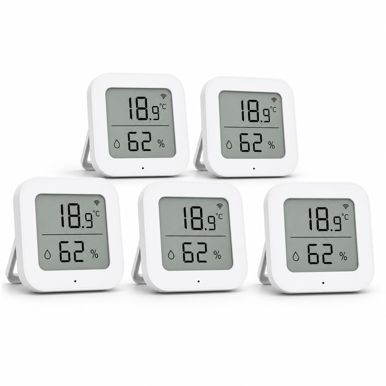 Lot de 5 capteurs température humidité ZigBee NéoSense Climate LCD Pro sur fond blanc
