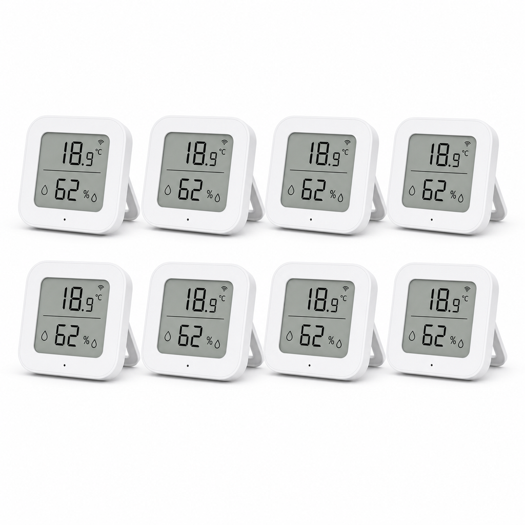Lot de 8 capteurs température humidité ZigBee NéoSense Climate LCD Pro sur fond blanc