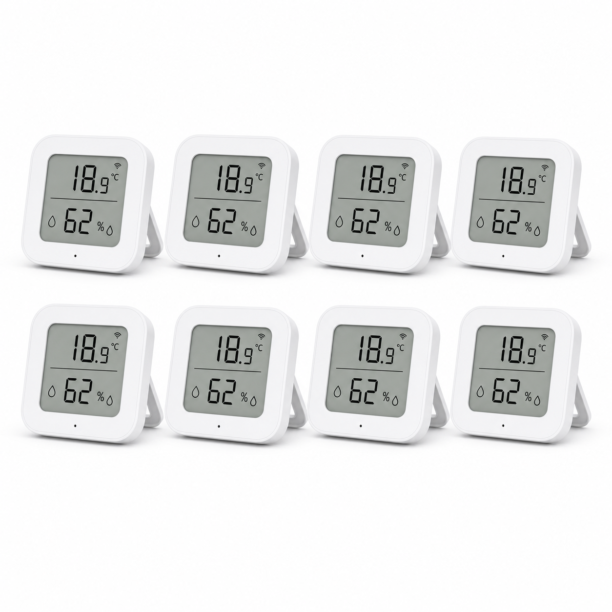 Lot de 8 capteurs température humidité ZigBee NéoSense Climate LCD Pro sur fond blanc