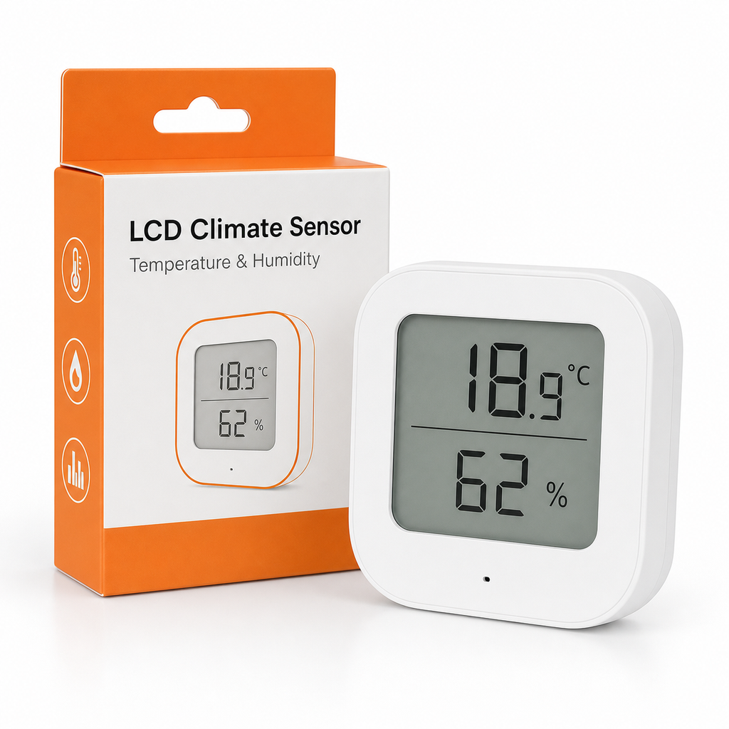 Studio packshot of LCD climate sensor with neutral packaging
