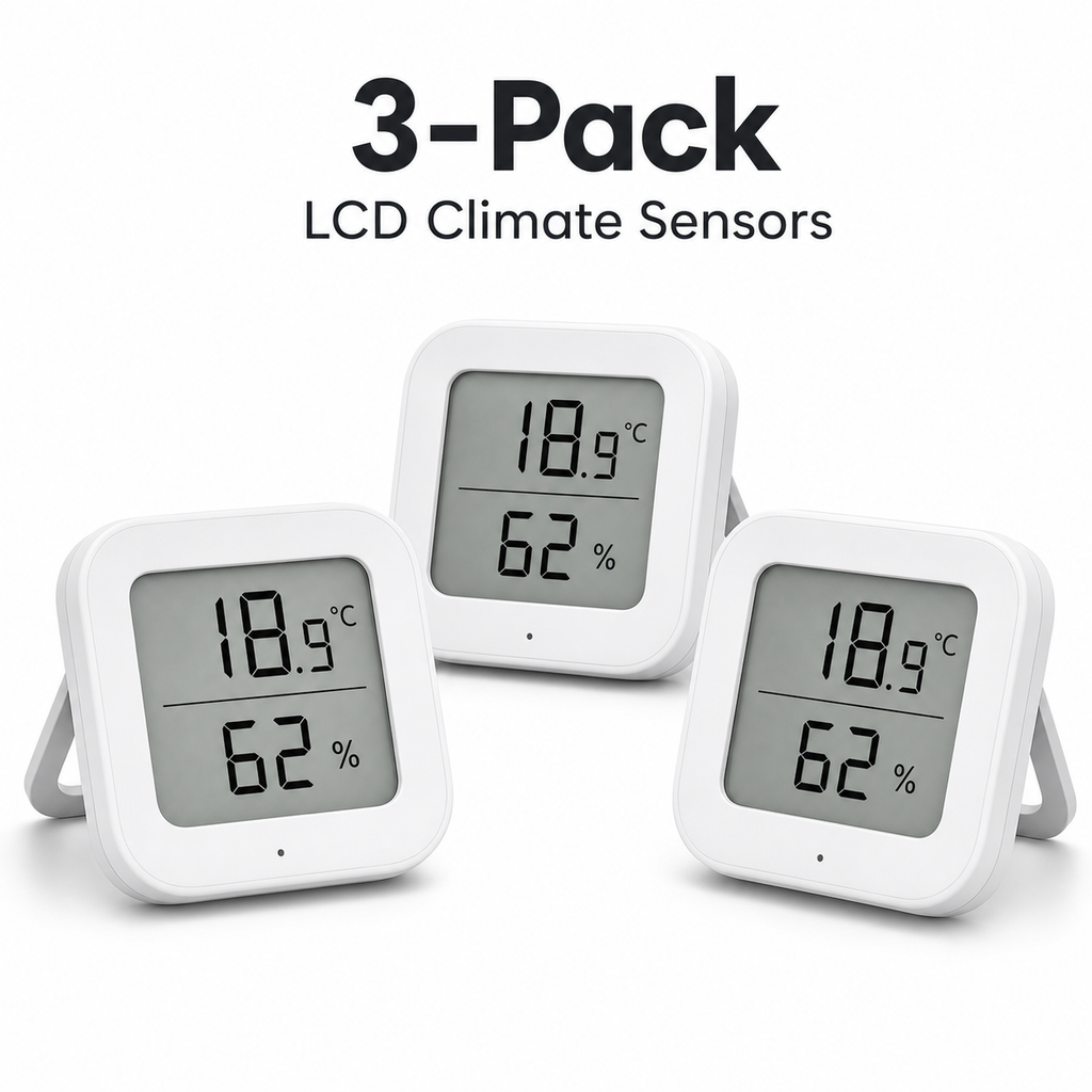 Three-pack studio image of LCD climate sensors