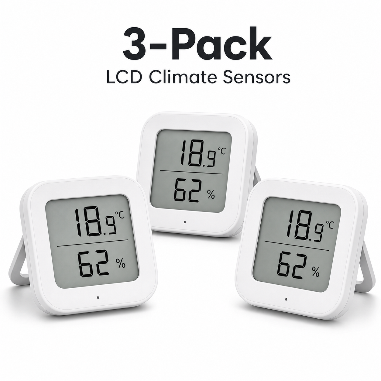 Three-pack studio image of LCD climate sensors