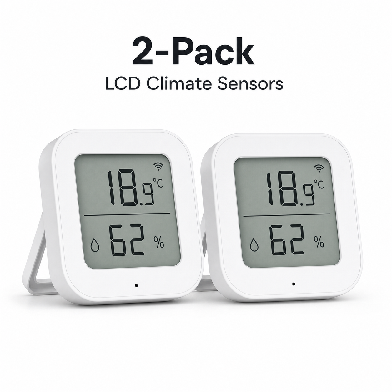 Two-pack studio image of LCD climate sensors