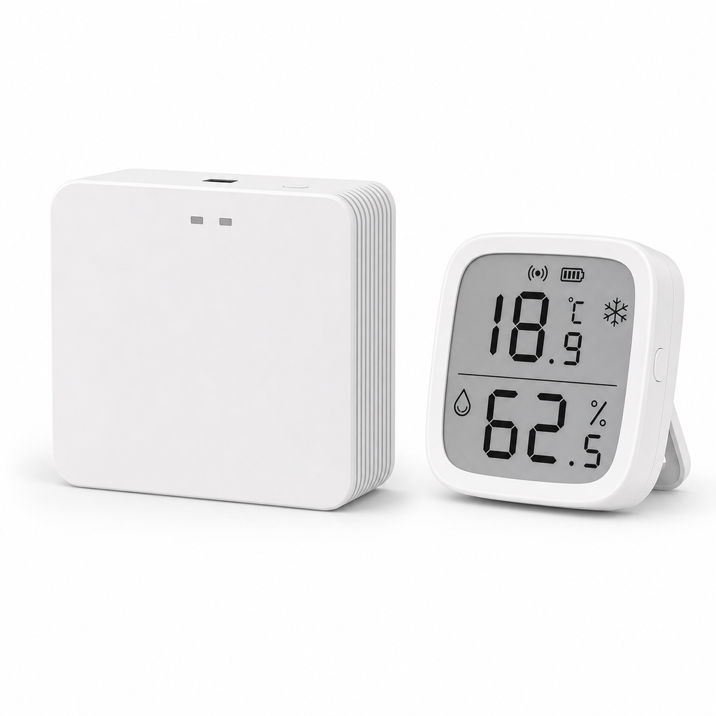 Kit capteur température humidité LCD et passerelle ZigBee NéoSense Climate Pro sur fond blanc