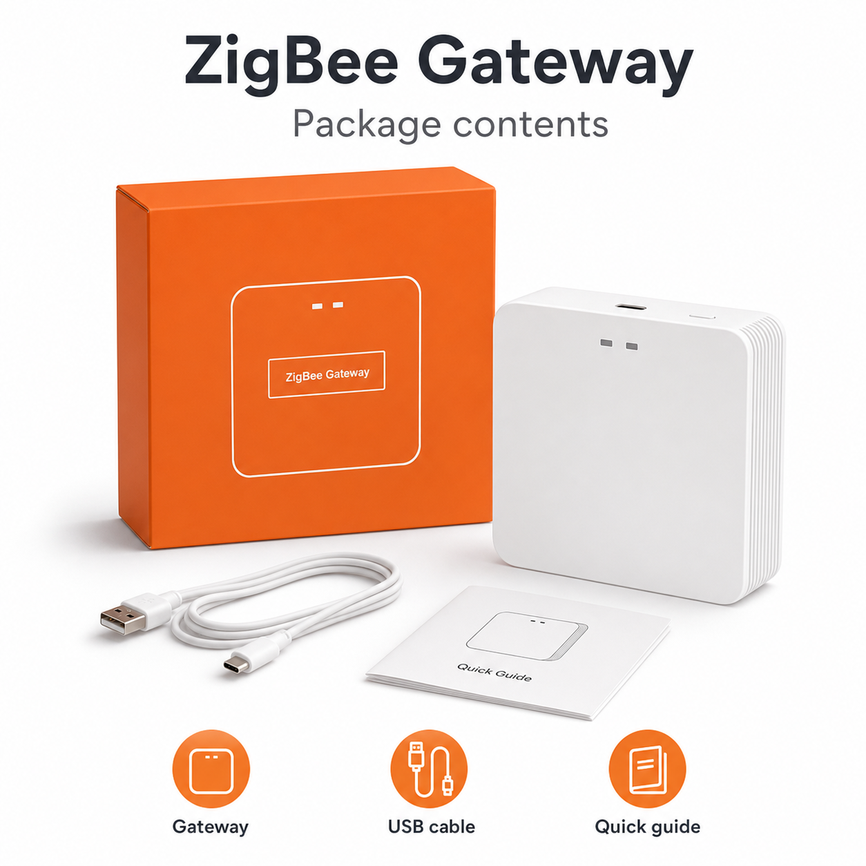 ZigBee gateway package contents with USB cable and quick guide
