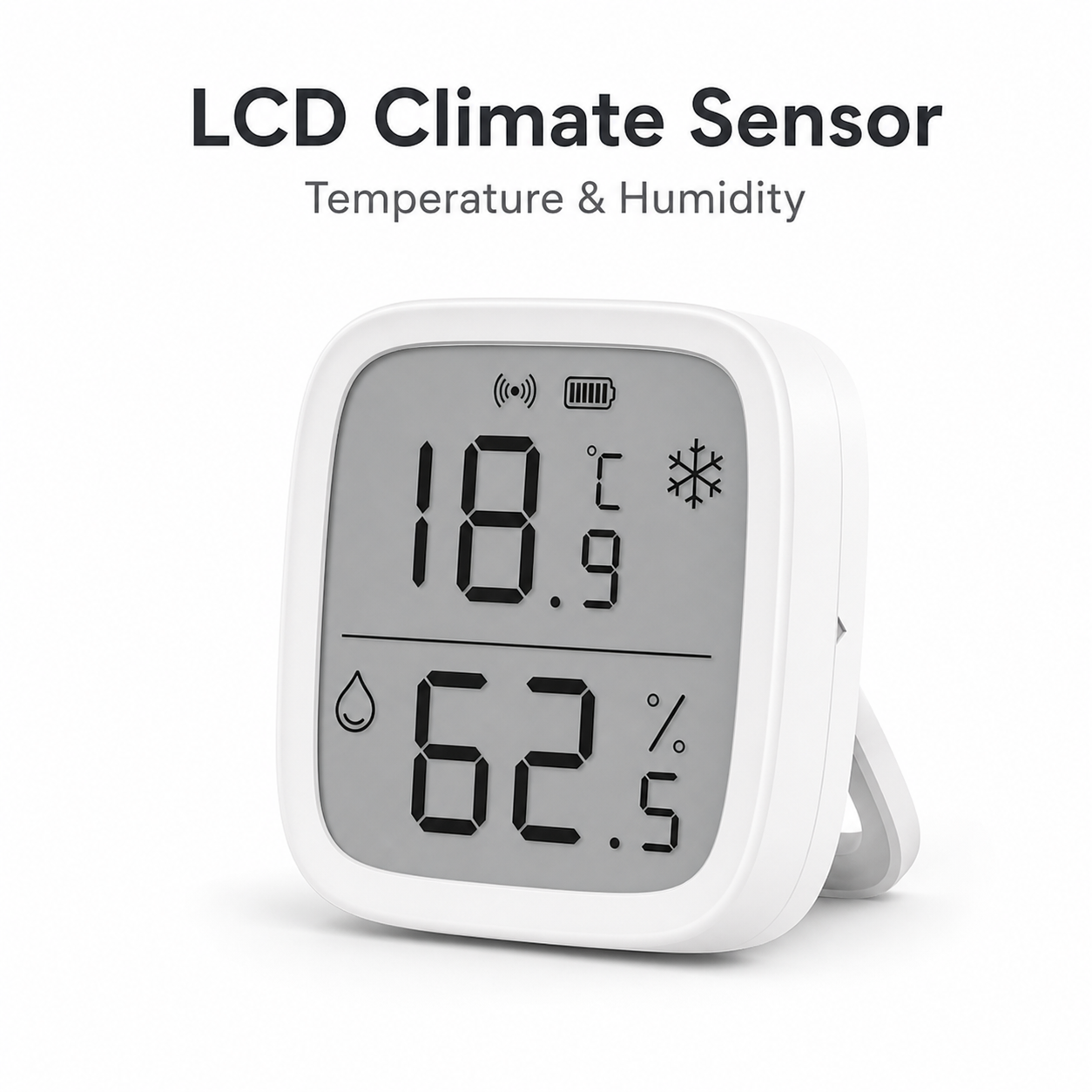 Studio packshot of LCD ZigBee temperature and humidity sensor