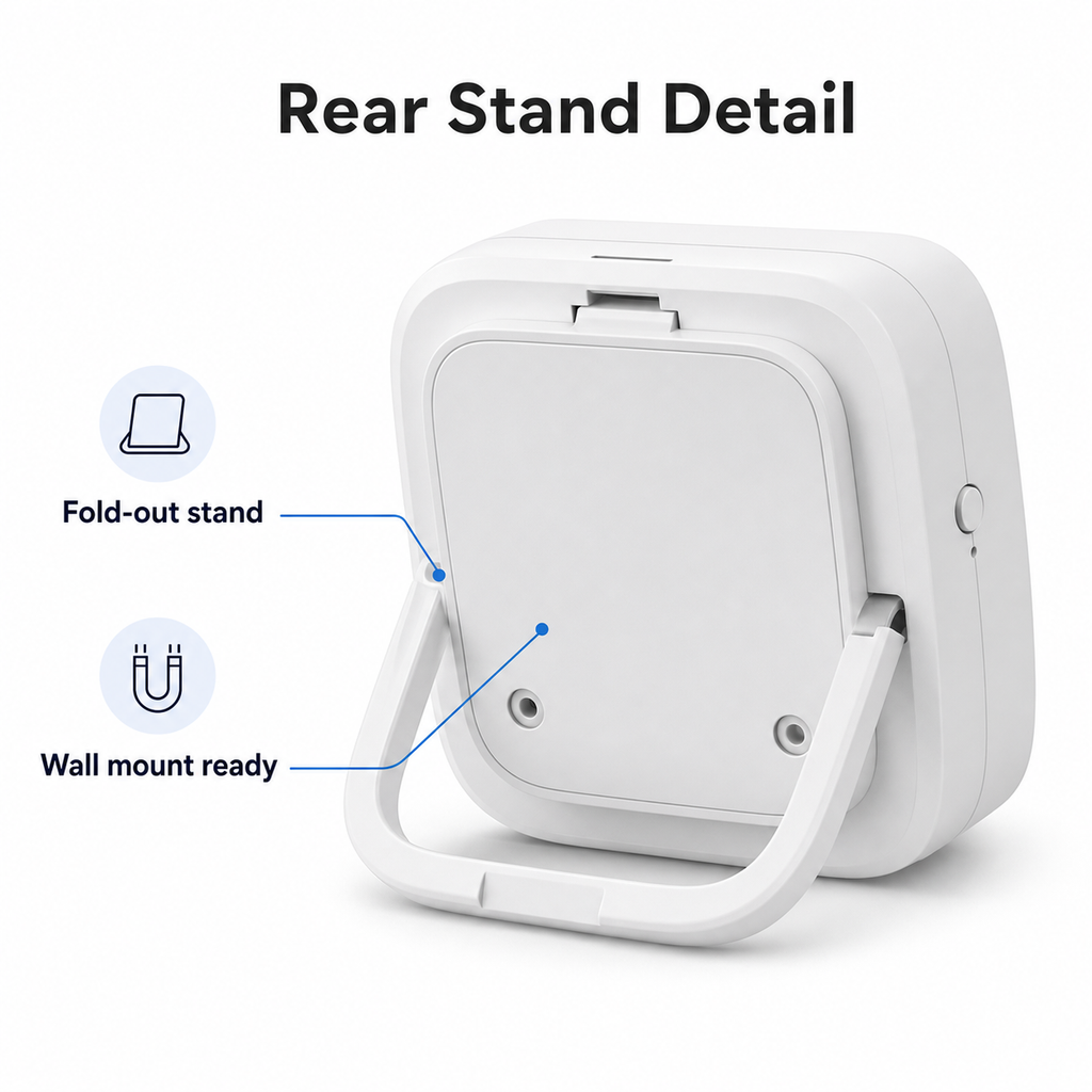 Rear stand detail of white LCD climate sensor
