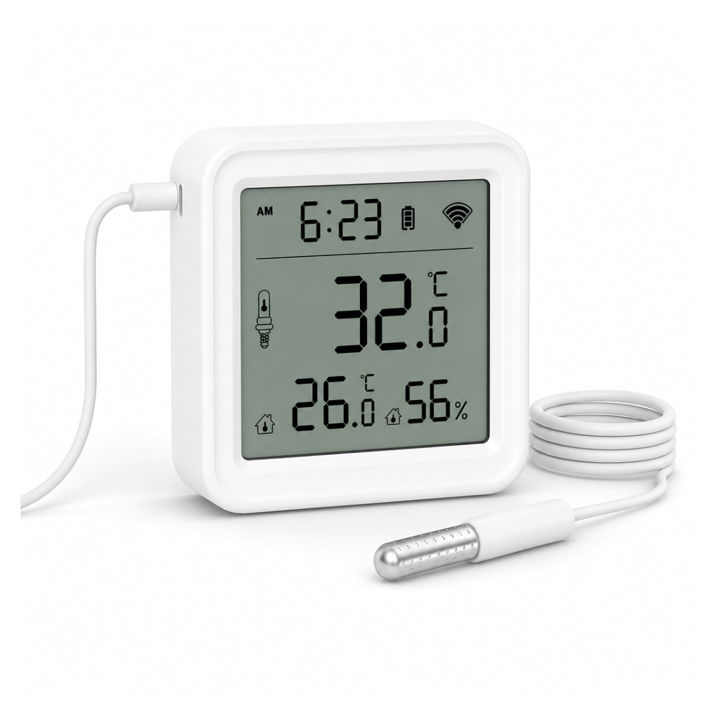 Capteur Wi-Fi température humidité avec sonde enroulée sur fond blanc