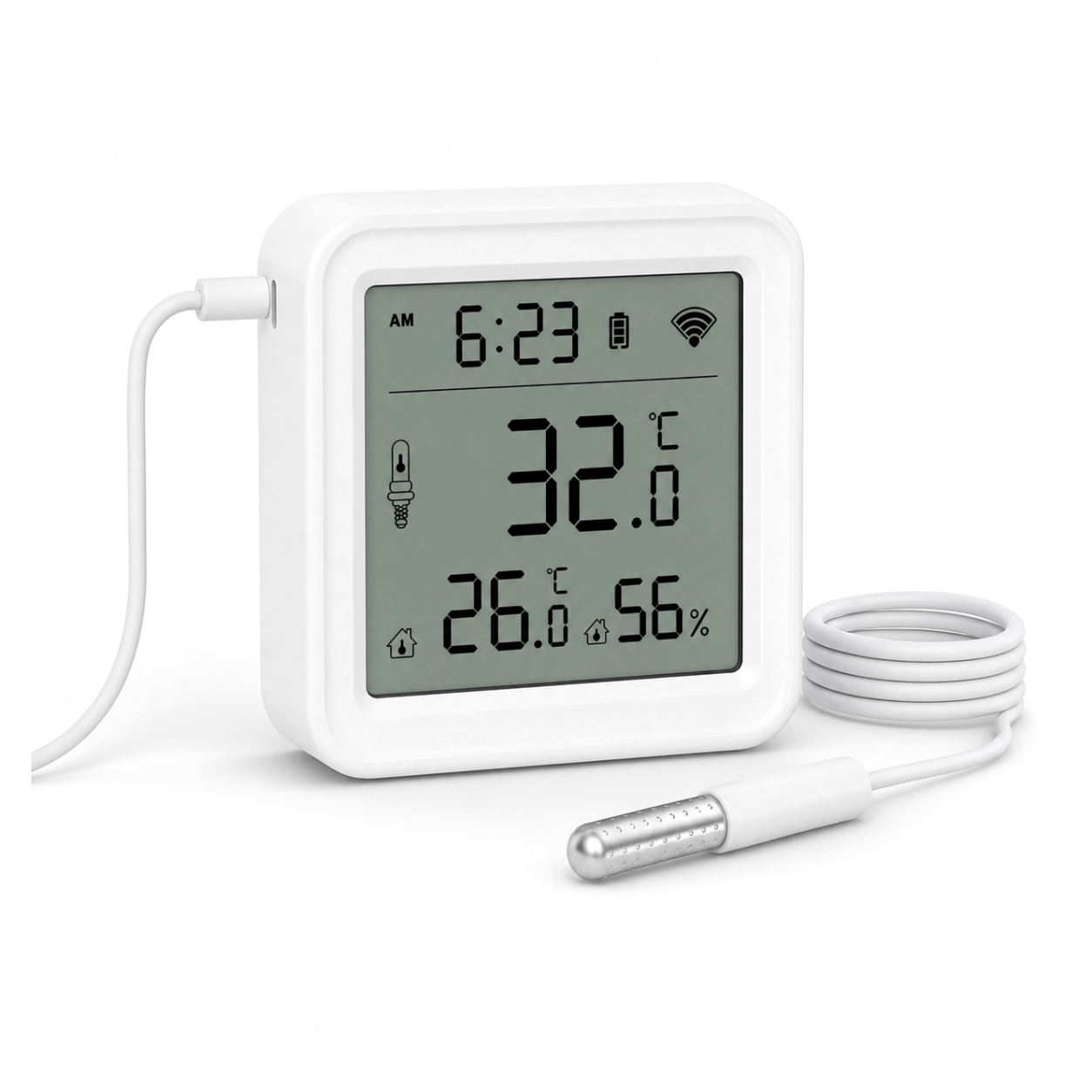 Capteur Wi-Fi température humidité avec sonde enroulée sur fond blanc