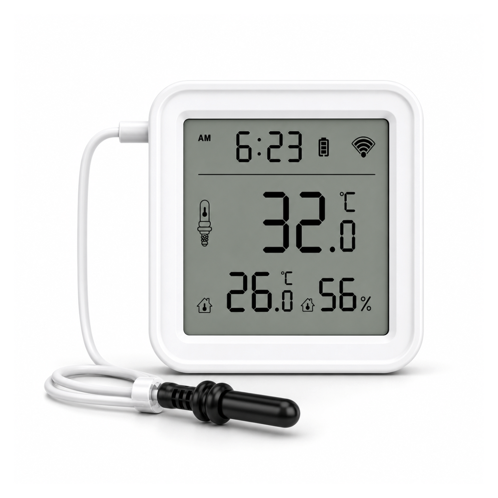 Capteur Wi-Fi température humidité avec sonde noire sur fond blanc