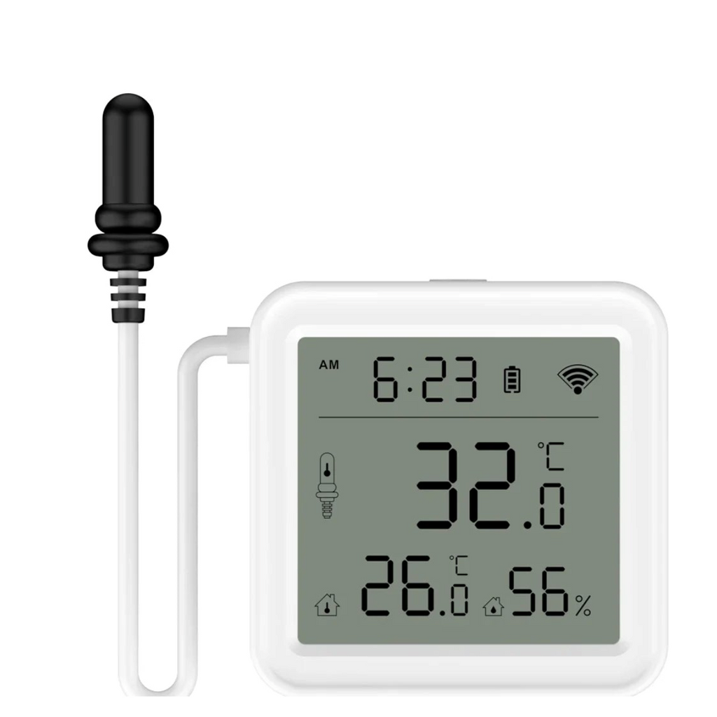 Capteur Wi-Fi température humidité avec sonde verticale sur fond blanc