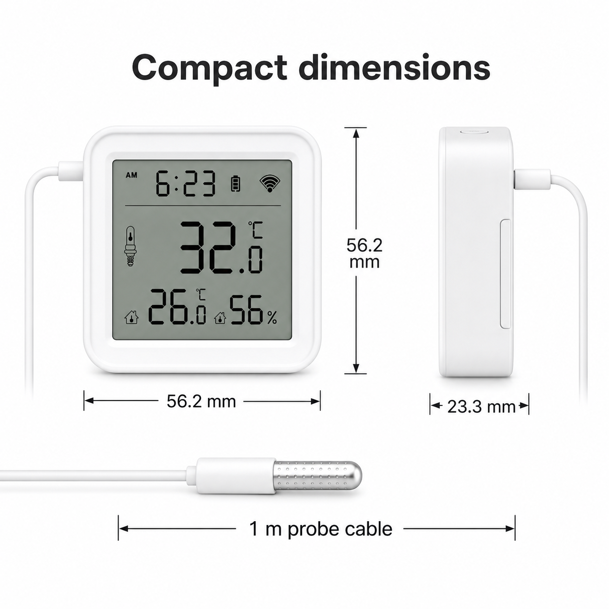 Compact dimension diagram for temperature and humidity sensor with probe cable