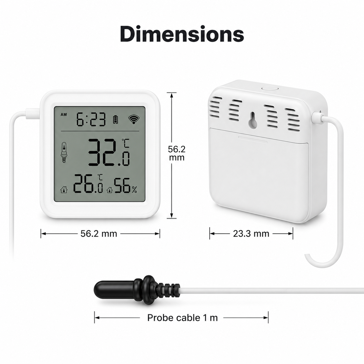 Dimension diagram for WiFi temperature and humidity sensor with 1 m probe cable